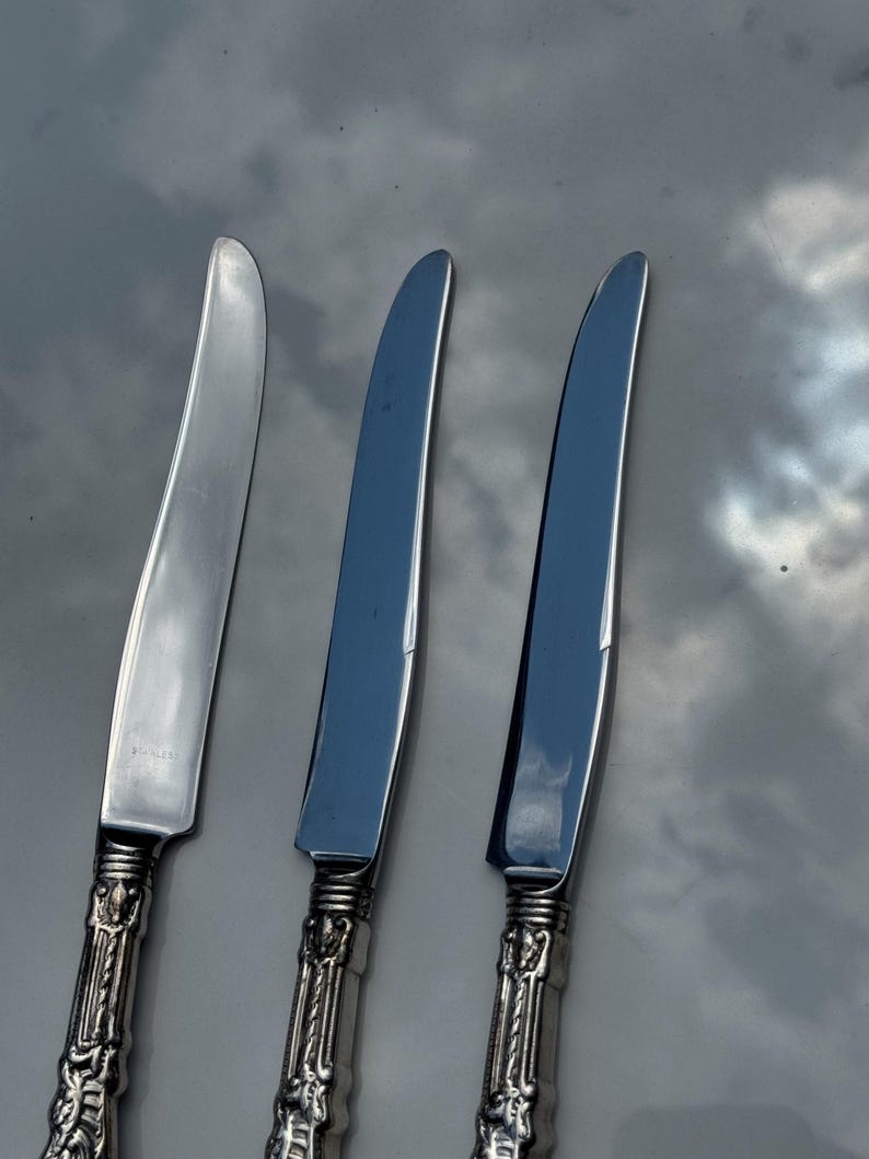 May include: Three stainless steel knives with decorative silver-coloured handles. The blades are smooth and reflective, with a slight curve. The handles feature detailed floral and scrollwork designs, adding a touch of elegance to the cutlery.