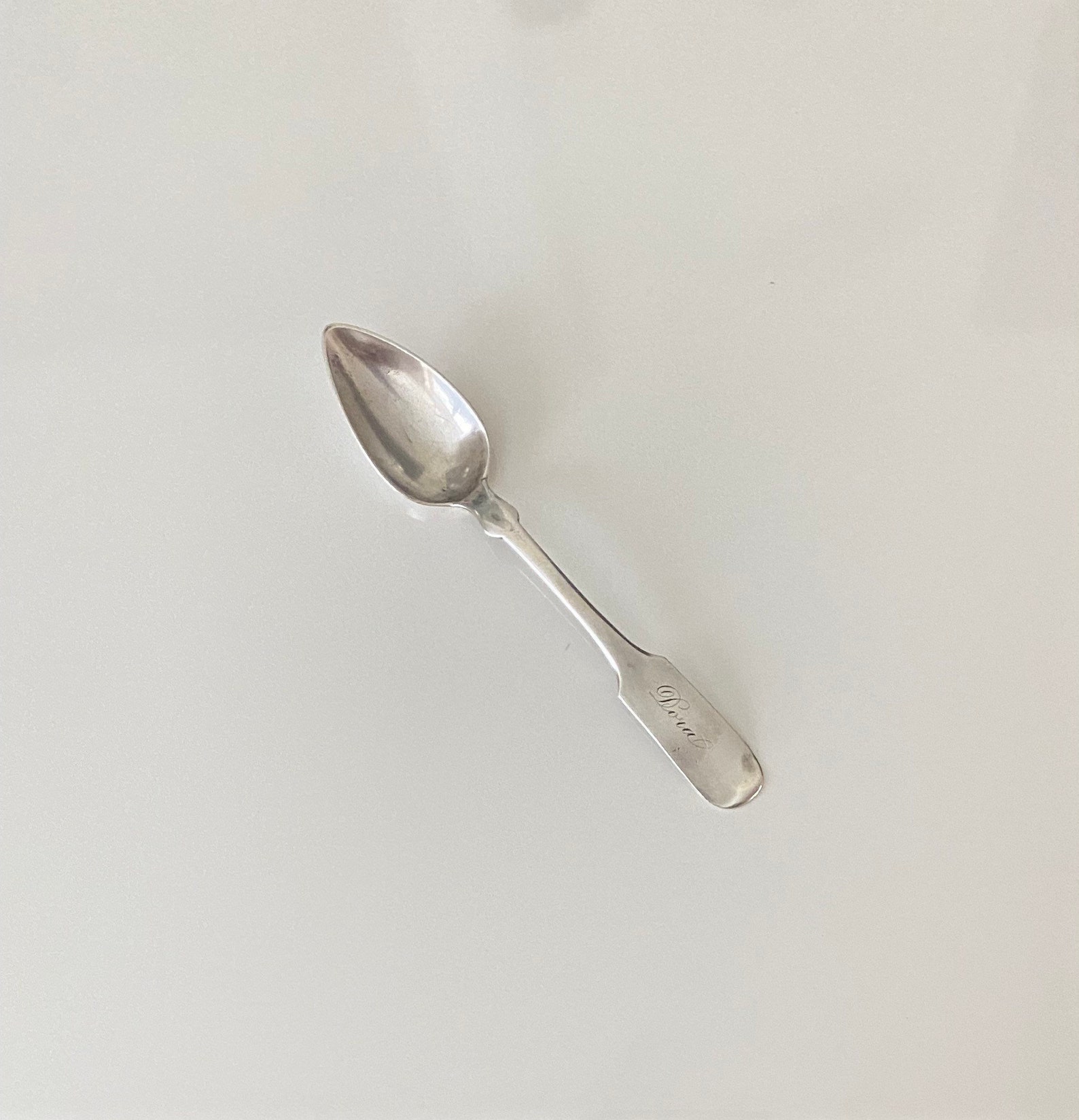 1852-59 Coin Silver Fiddle Pattern Child's Spoon by Newark Retailer G ...