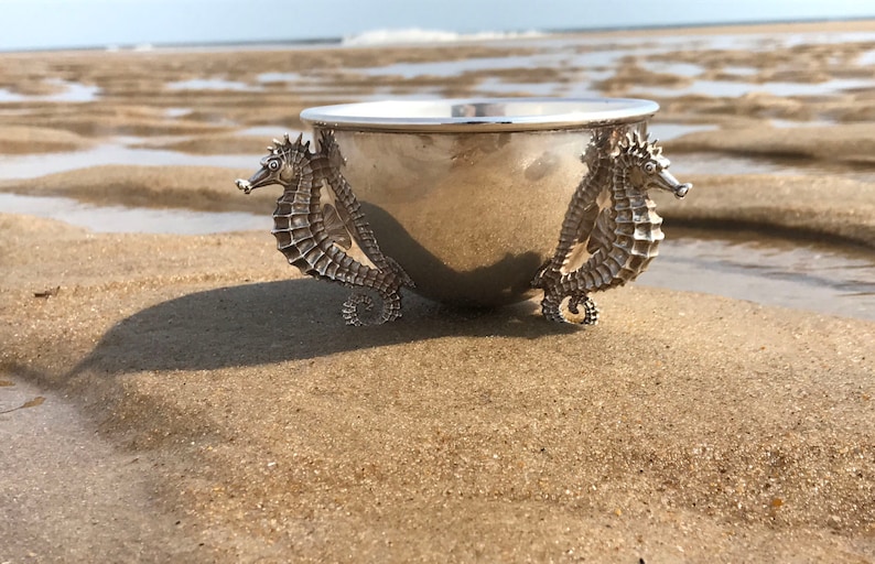 May include: A silver bowl with two seahorse handles. The bowl is sitting on a sandy beach.