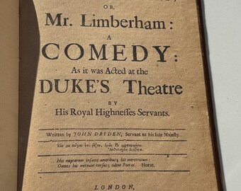 May include: An open book page featuring the title page of "The Kind Keeper; or, Mr. Limberham: A Comedy" by John Dryden, printed in London in 1690. The text is in black on aged, tan paper. The book is open.