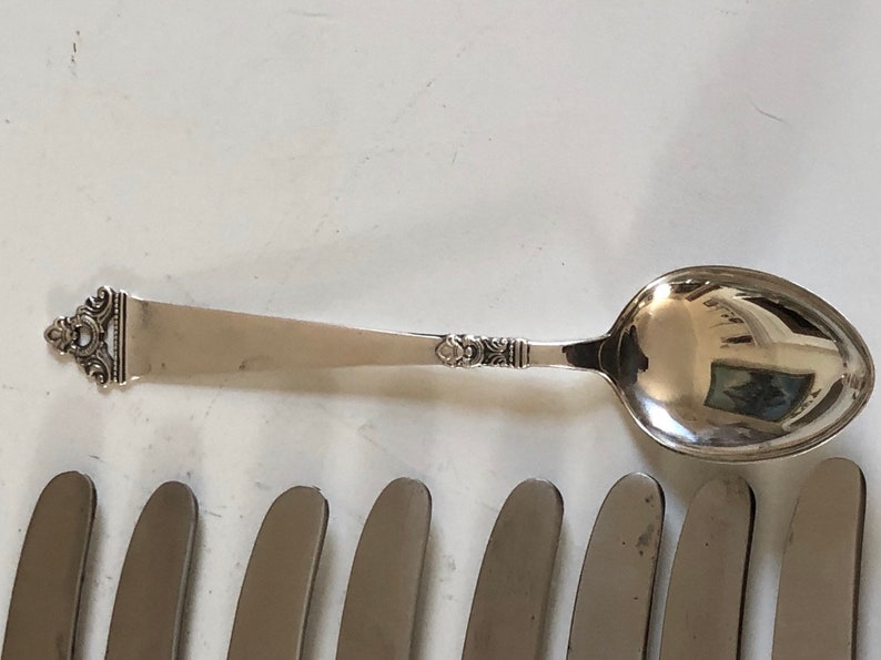Puede incluir: Un juego de cubiertos, que incluye una cuchara de plata y varios cuchillos de plata. La cuchara tiene un mango adornado con un dise&ntilde;o floral.