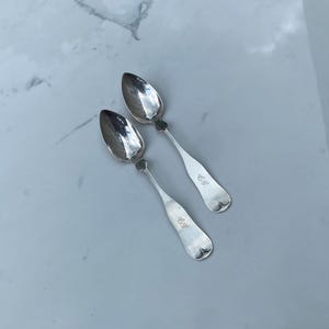 以下が含まれることがあります： 装飾的なハンドルと尖った楕円形のボウルを持つ銀のスプーン2本。スプーンには「EG」のイニシャルが刻まれています。