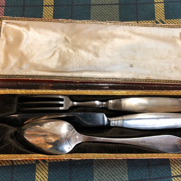 1825 Sterling Silver Boxed Traveling Flatware Set (fork, spoon, napkin ring) Augsburg, Germany