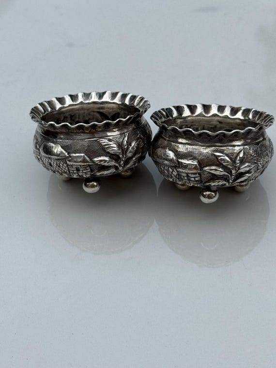 1920 or Later Lucknow, India Sterling Silver Salt Cellar Pair