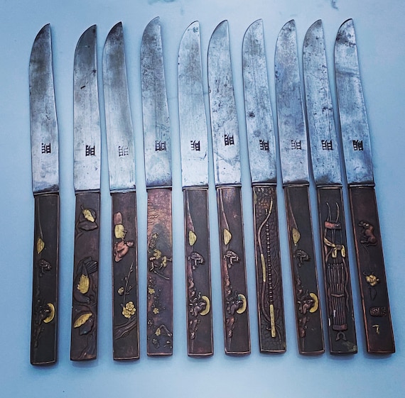 1890-1910 Meiji Japanese Mixed Metals Sharp Knife Set of Ten (10