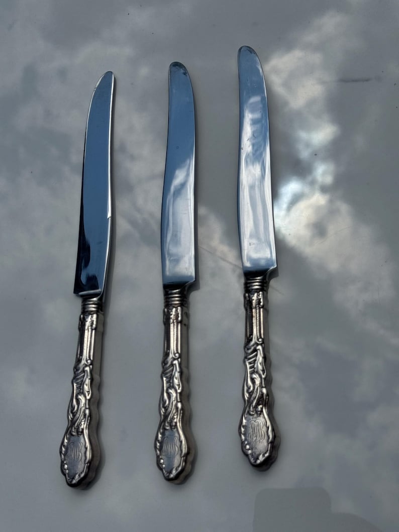 May include: Three silver knives with decorative handles. The blades are smooth and reflective, and the handles have a detailed, scrolling design with a monogrammed oval at the base. The knives are arranged in a row.