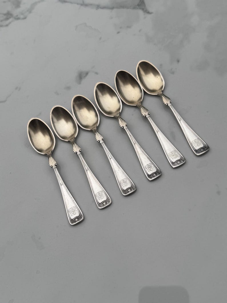 May include: Six silver spoons arranged diagonally. Each spoon has an oval bowl and a decorative handle with an ornate design. The spoons are displayed on a gray surface.