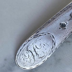 May include: Close-up of a silver spoon handle with an engraved oval containing the letter "F".