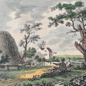 May include: A vintage illustration depicting a rural scene with a large haystack, a white farmhouse, and two figures sitting on the ground. The scene is set in a grassy field with trees and a river in the background.