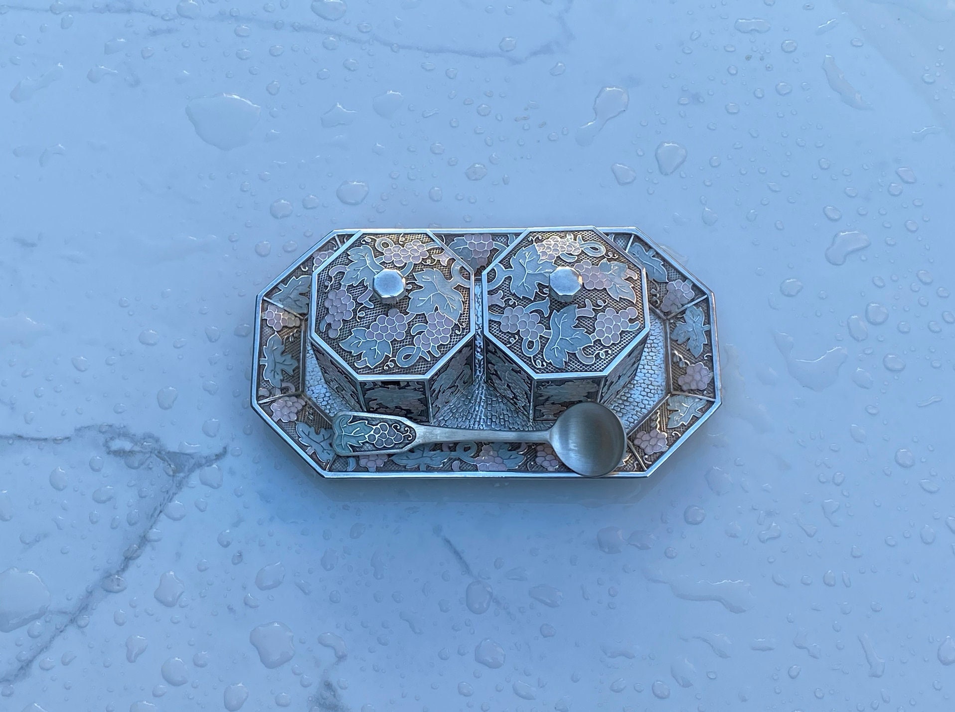 999 Silver Korean Condiment Set on Tray With Vitreous Enamel