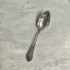 May include: A silver spoon with an ornate handle. The spoon has a rounded bowl and a pointed end.