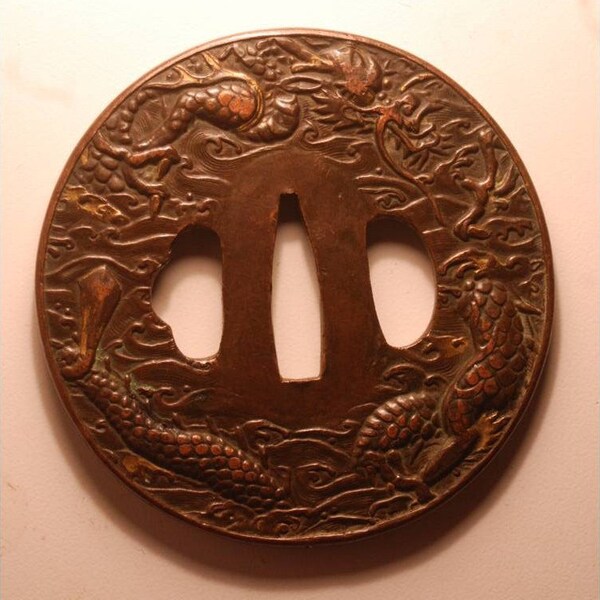 Reserved for M. - Japanese Samurai Sword Guard Edo Period Copper with Dragon and Waves Tsuba