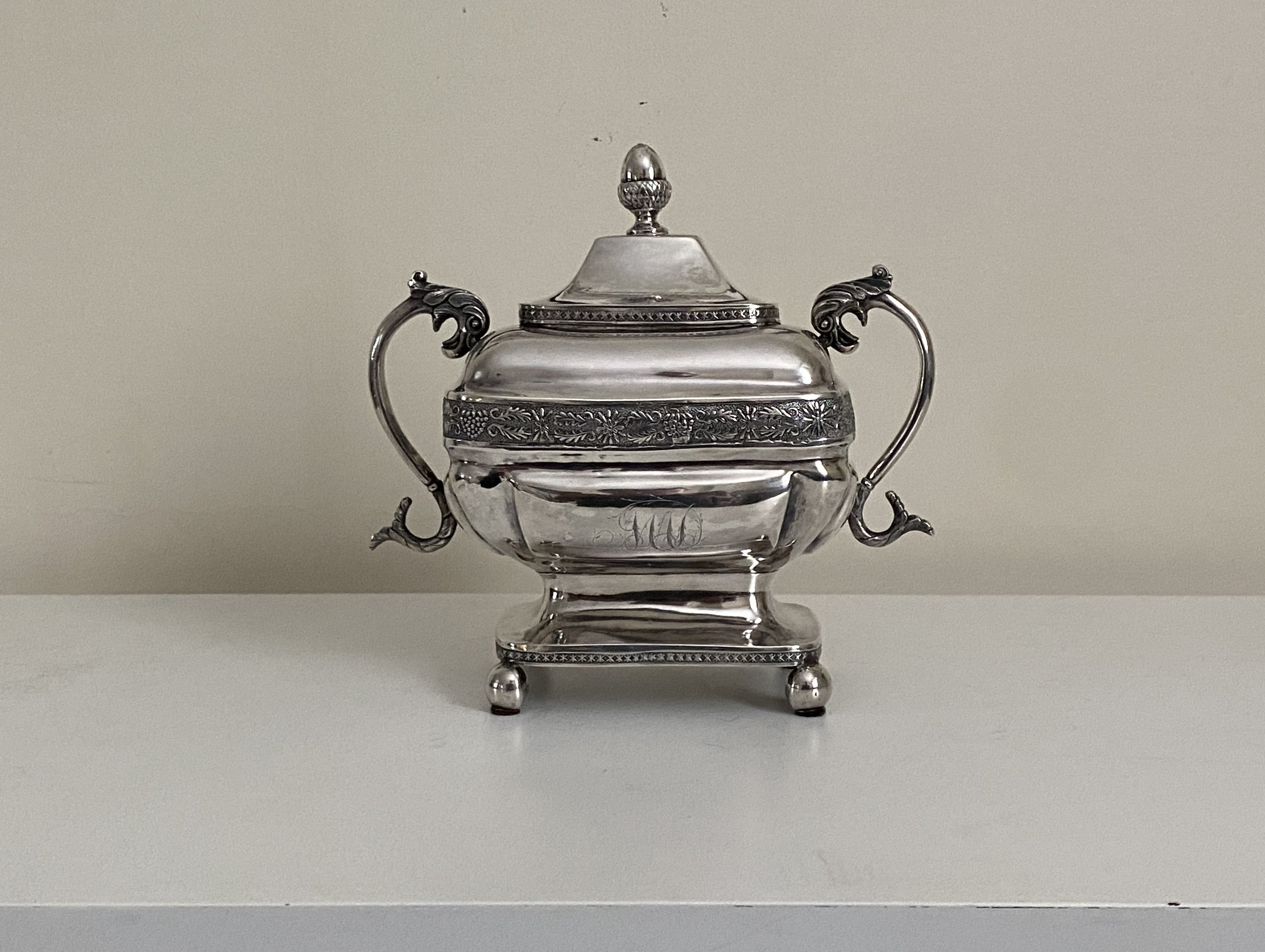 1800-1810 Joseph Shoemaker of Philadelphia Coin Silver Covered Sugar Bowl with Federalist Eagle Handles