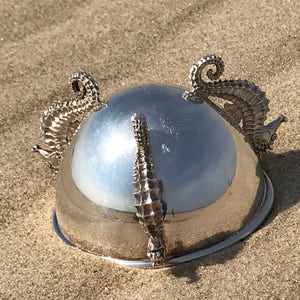 May include: A silver bowl with a shiny surface and three seahorse handles. The bowl is sitting on a sandy surface.