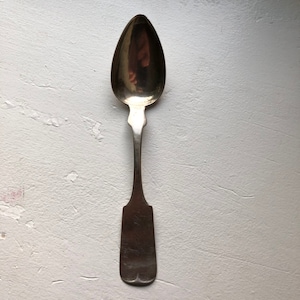 May include: A silver spoon with a rounded, oval-shaped bowl and a long, slender handle. The handle is decorated with a simple, elegant design.