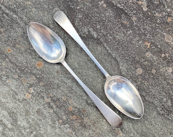 Rare 1780-90 by Maker 'IB' Charleston Coin Silver Heavy Bright Cut Tablespoon Pair 'ABC'