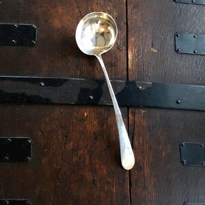 May include: A silver ladle with a long handle, resting on a dark wooden surface with black metal accents.