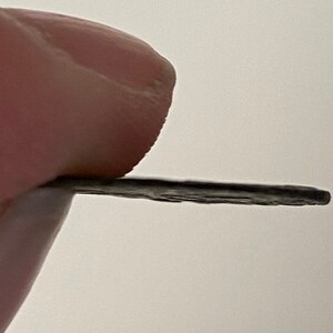 May include: Close-up side view of a silver coin with a raised rim. The coin is being held by a finger.