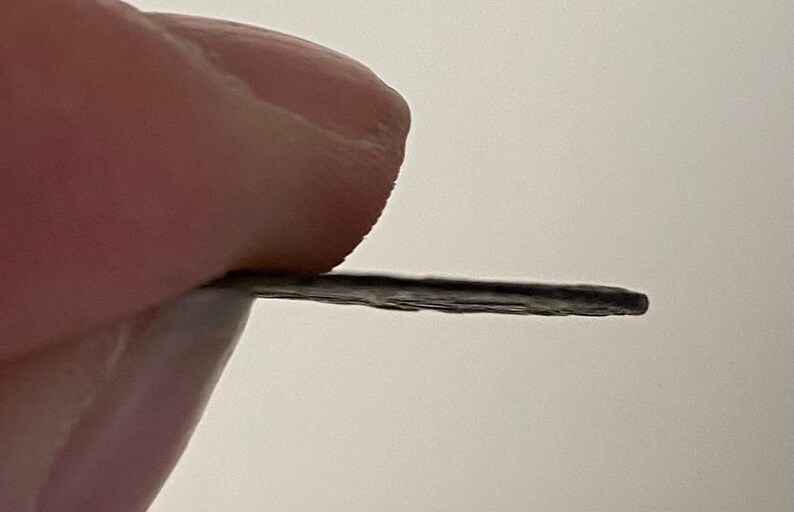 May include: Close-up side view of a silver coin with a raised rim. The coin is being held by a finger.