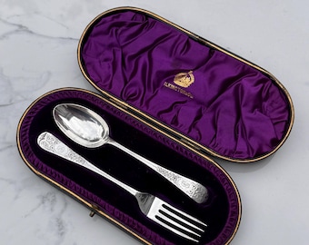 1902 Elkington & Co. Sterling Silver Christening Fork and Spoon Set in Purple Presentation Box (58 g)