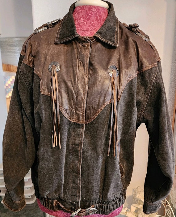 1990s Leather Denim Fringe Unisex Western Jacket … - image 1