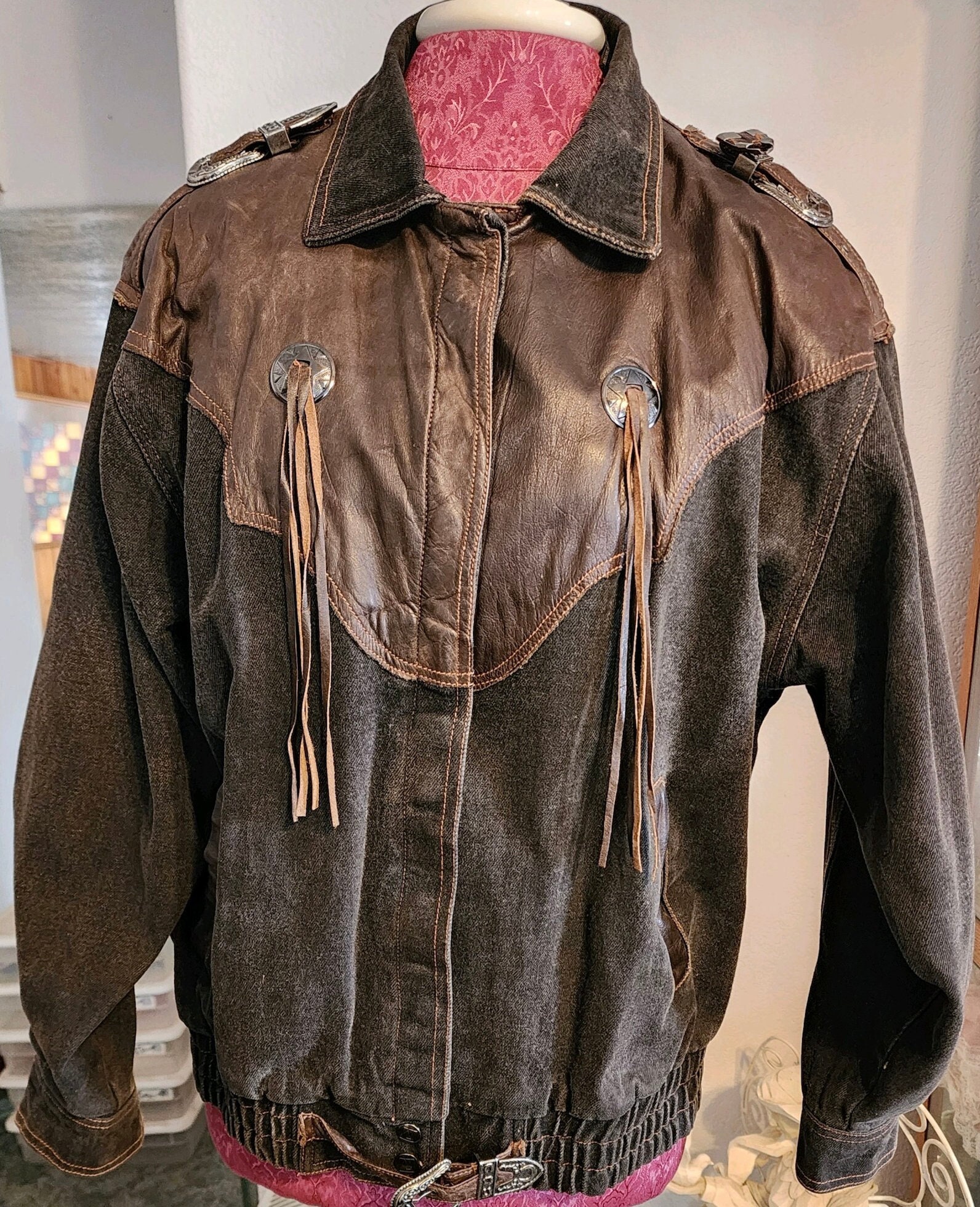 1990s Leather Denim Fringe Unisex Western Jacket (medium) - Etsy