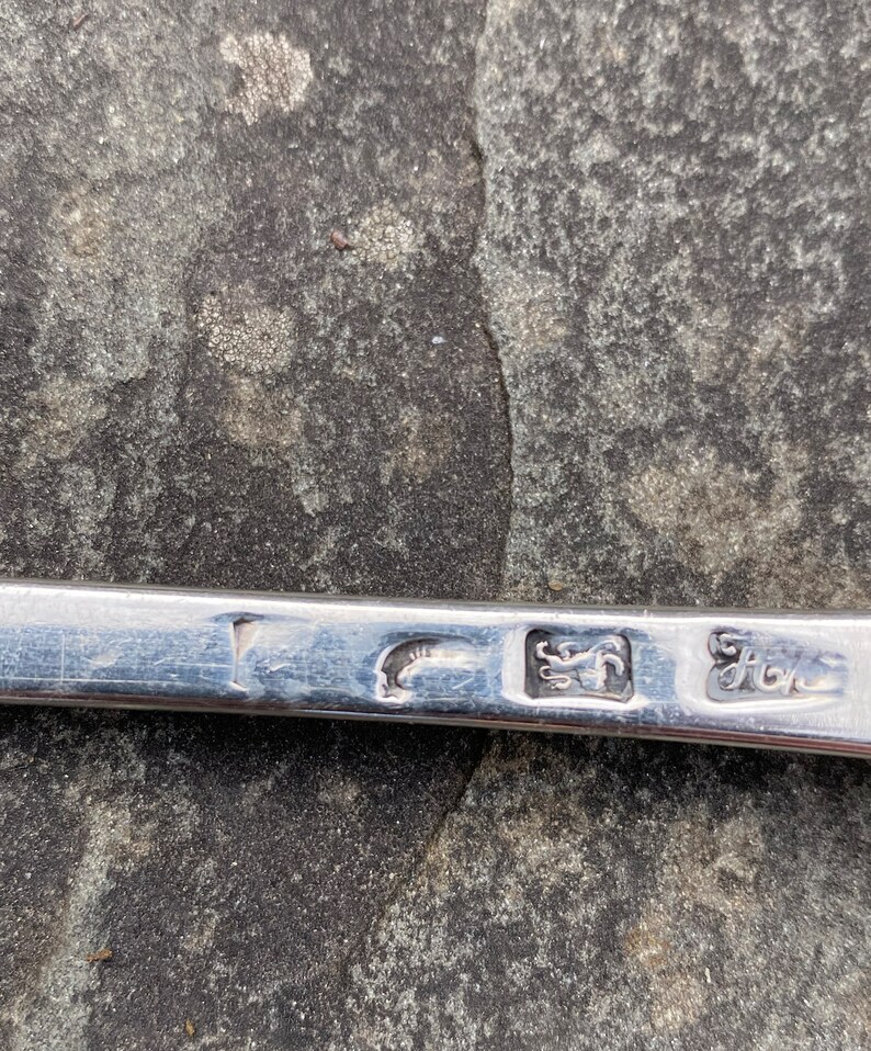 May include: Close-up of a silver spoon with hallmarks. The hallmarks include a crescent moon, a lion, and the letter "G".