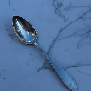 May include: A silver spoon with a reflective bowl and a long, slender handle. The handle has engraved initials near the end. The spoon is set against a marble background.