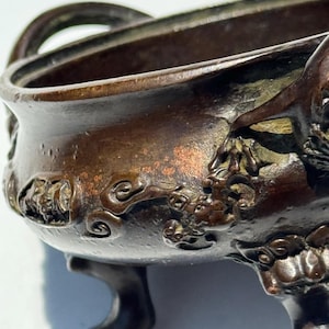 Ming Dynasty Bronze Censer with Dragon Handles, Lion Feet & Bat Motif, Marked Chinese Antique