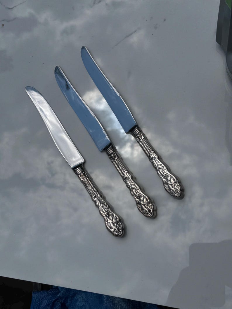 May include: Three silver knives with decorative handles and polished blades are displayed. The handles have a detailed floral pattern. The knives are positioned on a reflective, light grey surface.