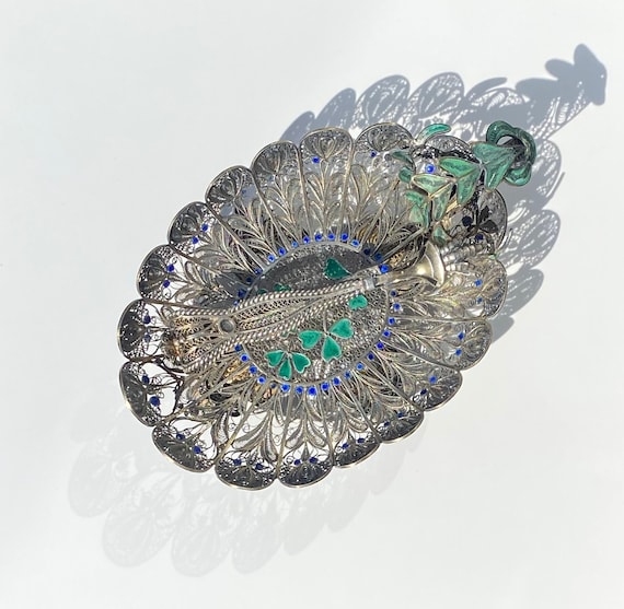 19th C. Filigree Sterling Silver Gilt and Enamel Tray With Sugar