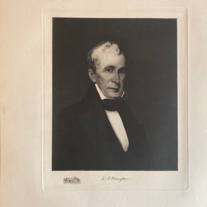 May include: A black and white portrait of a man in a suit and tie. The man is looking to the right of the image. The image is signed "W.H. Harrison".