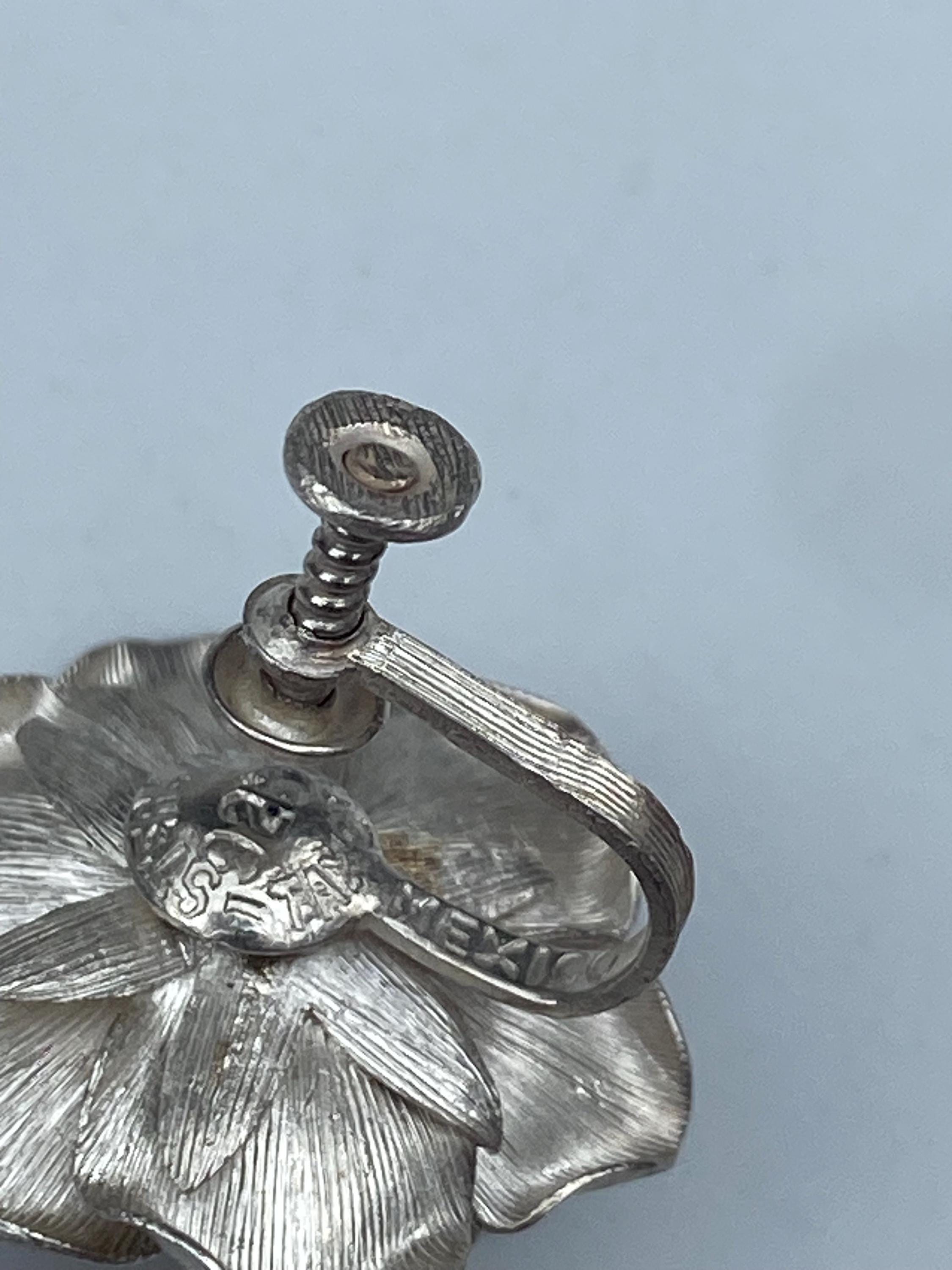Vintage Sterling Silver Taxco Mexican Rose Brooch and Screw Back