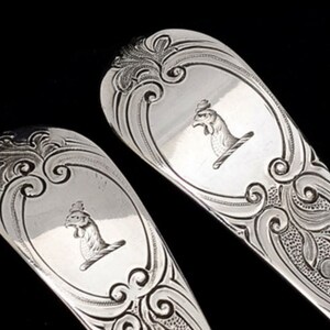 May include: Close-up of two ornate silver spoons. Each spoon features a detailed engraved design with a central oval containing a bird motif. The spoons have decorative scrollwork and a polished finish, set against a black background.