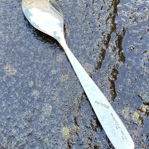 Op de afbeelding: Een zilveren theelepel met de woorden "D. Platino Sterling" gegraveerd op het handvat.