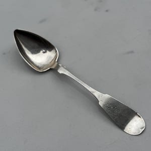 May include: A silver spoon with a rounded bowl and a long, slender handle. The spoon has a slightly curved handle and a small, decorative element where the bowl meets the handle. The spoon is set against a gray background.