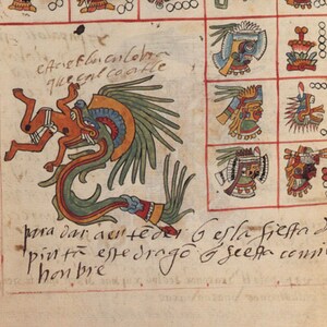 May include: A hand-drawn illustration of a green dragon with a red and orange human figure inside its mouth. The dragon has a yellow and blue feathered headdress. The text below the image reads "para dar del teder Gesla fiesta defer pin to este drago & seefa comiendo han bre".