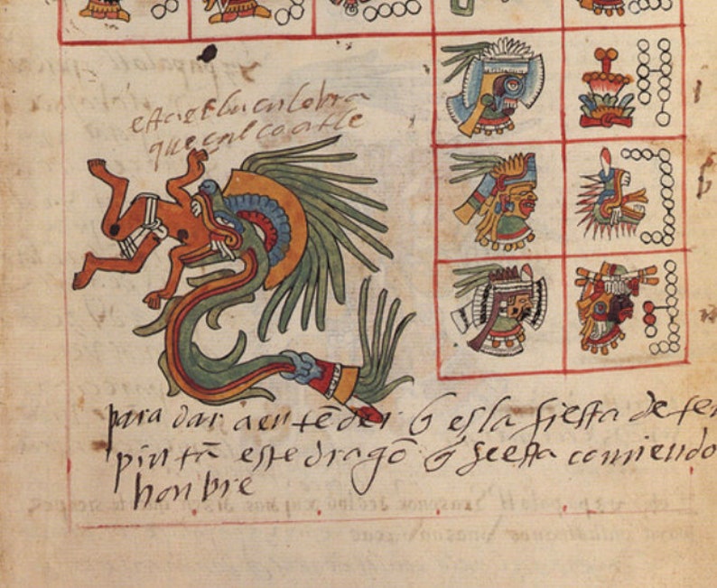 May include: A hand-drawn illustration of a green dragon with a red and orange human figure inside its mouth. The dragon has a yellow and blue feathered headdress. The text below the image reads "para dar del teder Gesla fiesta defer pin to este drago & seefa comiendo han bre".