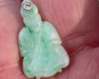 Antique Carved Chinese Jadeite Pendant of Buddha with set Diamond