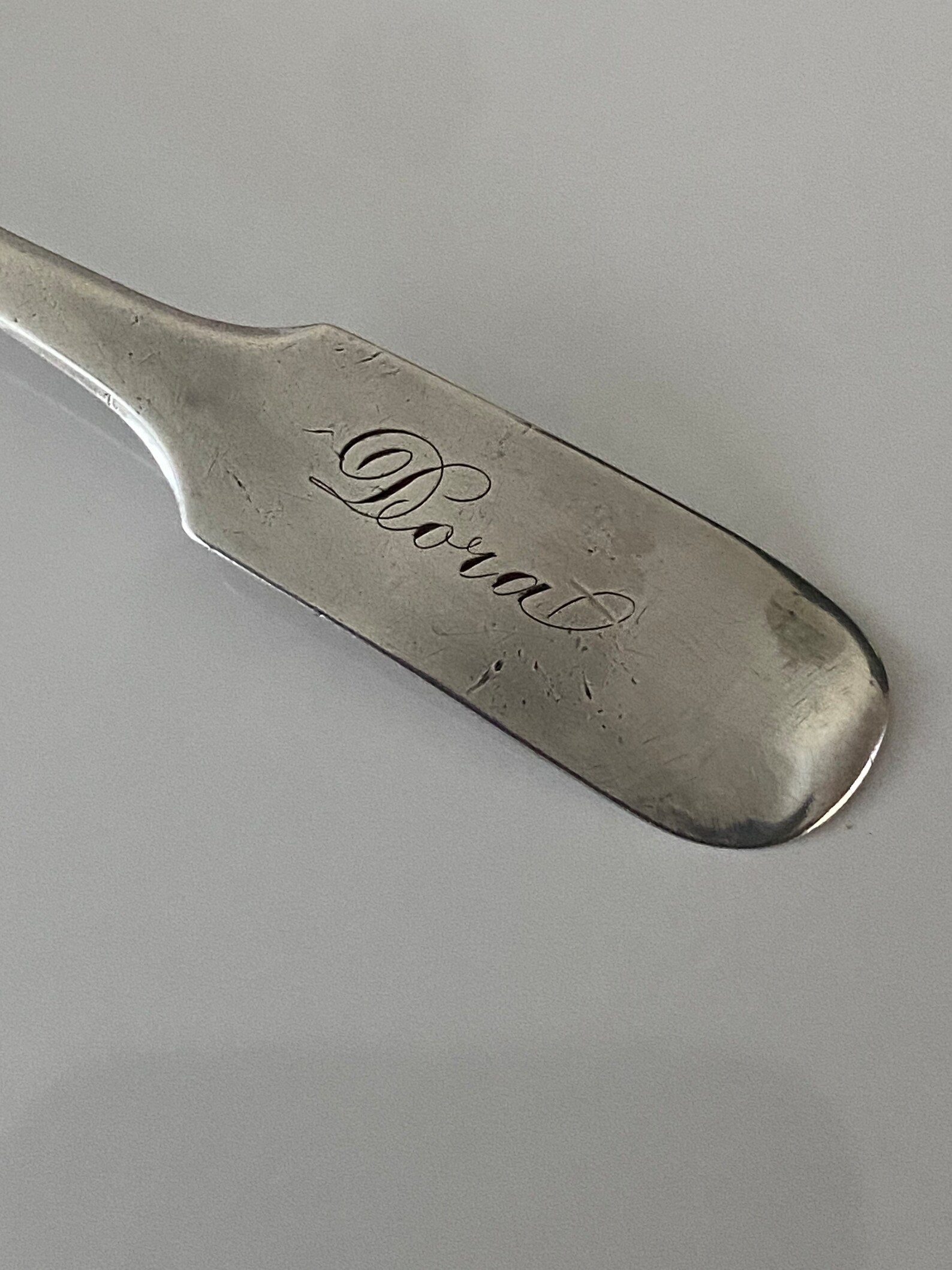 1852-59 Coin Silver Fiddle Pattern Child's Spoon by Newark Retailer G ...