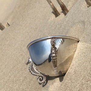 May include: A silver bowl with a seahorse design on the side. The bowl is sitting on a sandy beach.