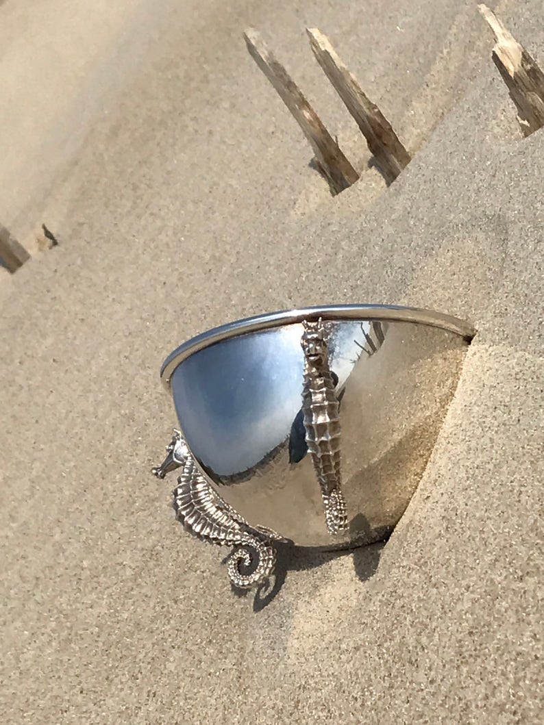 May include: A silver bowl with a seahorse design on the side. The bowl is sitting on a sandy beach.
