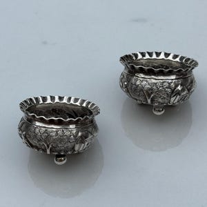 1920 or Later Lucknow, India Sterling Silver Salt Cellar Pair