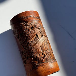 Antique Qing Chinese Carved Bamboo Brush Pot – Mountain Village, River Boats and Pine Trees – 19th Century