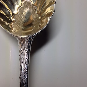 May include: A silver serving spoon with a shell-shaped bowl and ornate handle. The bowl has a textured interior and a scalloped edge. The handle features a detailed floral design. The spoon is made of a shiny, reflective metal.