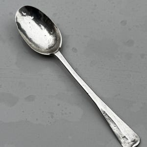 May include: A silver spoon with an oval bowl and a long, slender handle. The spoon has a slightly tarnished appearance, suggesting age or use. The handle tapers to a rounded end.