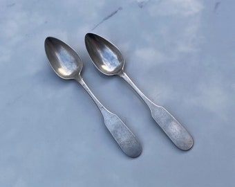 1825 American Coin Silver Teaspoon Pair by Theophilus Bradbury of Newburyport Massachusetts Sterling