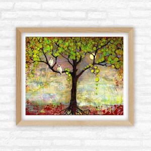 Tree of Life, Two Owls Perched in Tree, Nightscape Tree Art, Modern Rustic