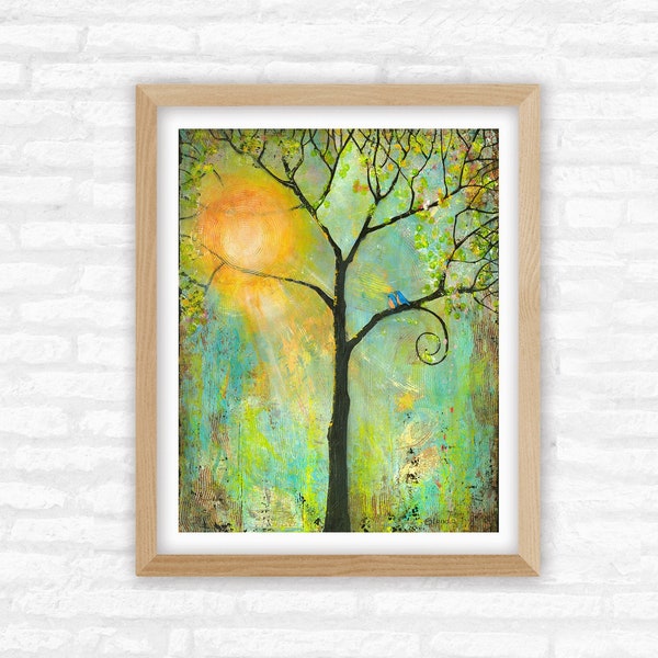 Hello Sunshine, Lovebirds in a Tree of Life, Art Nature Print, Birds and Wildlife Themed