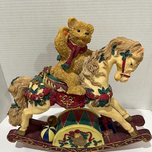 Holiday Musical Teddy Bear Riding on Rocking Horse Decor Figurine - Vintage